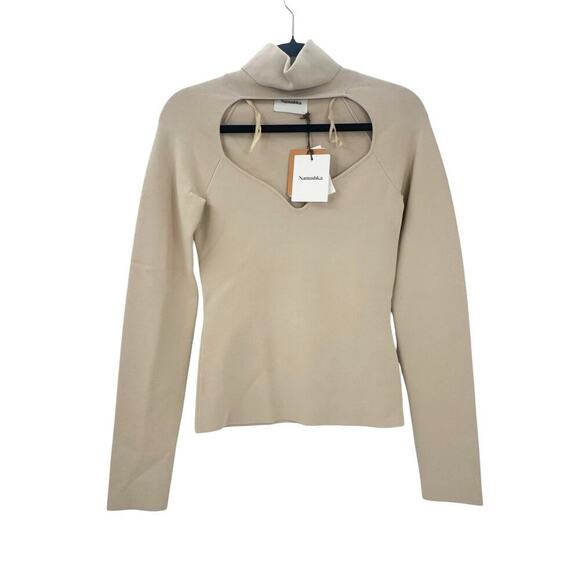 Nanushka Ribbed Knit Front Cut-Out Cropped Fah Top Long Sleeve Beige Size S NWT - Picture 7 of 12